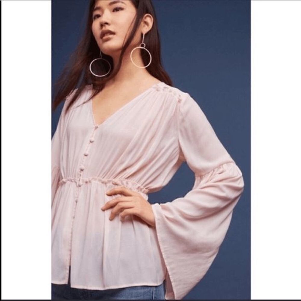 Anthropologie Ro+De Isa‎ Ruffled Pink Button Bell Sleeve Blouse Size Small